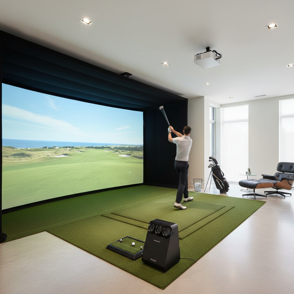 Premium indoor golf simulator setup with projection screen and hitting mat