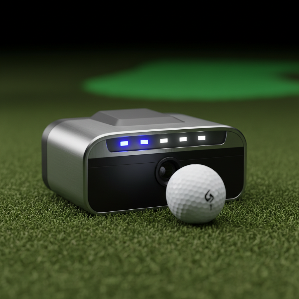 Premium golf simulator launch monitor close-up detail shot